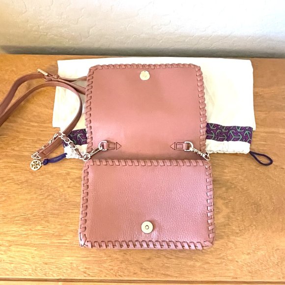 Tory Burch Crossbody Bag Marion Combo Maple Sugar Mauve Pink Leather Whipstitch - Picture 9 of 11